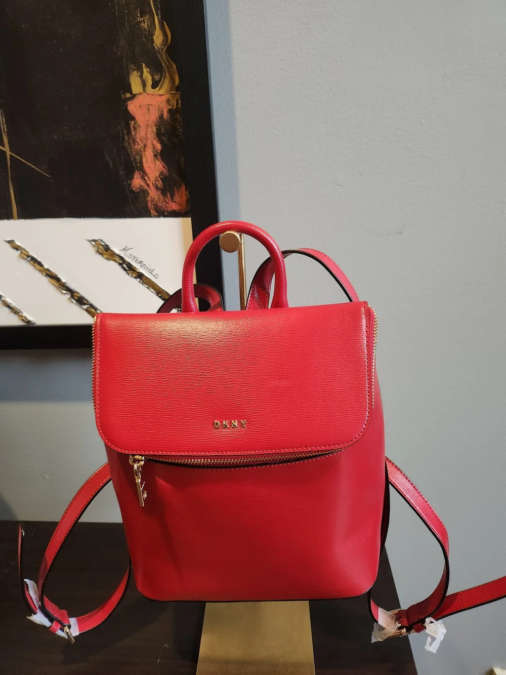 DKNY Red Leather Backpack with Top Handle And Gold Hardware